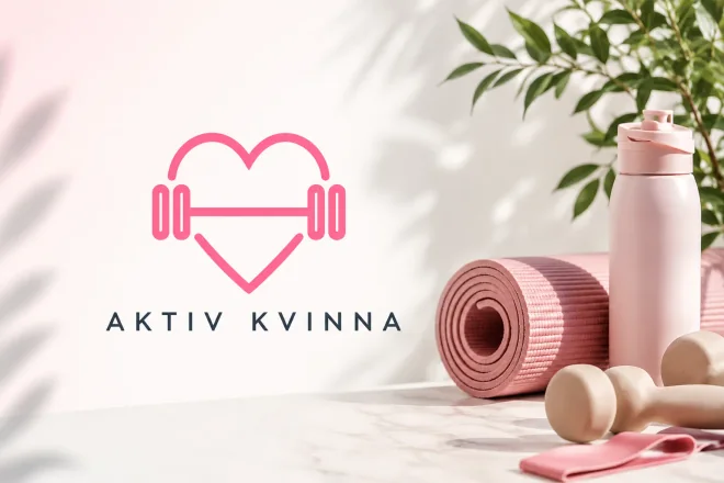 Aktiv Kvinnas rosa hjärtlogotyp med träningsmatta, vattenflaska och hantlar