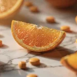 Färska apelsinskivor och C-vitamintabletter på vit marmor i naturligt ljus