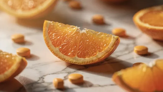Färska apelsinskivor och C-vitamintabletter på vit marmor i naturligt ljus