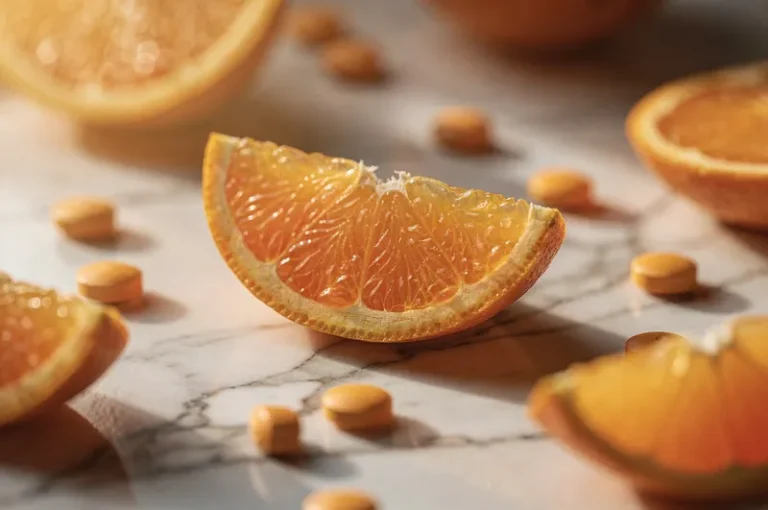 Färska apelsinskivor och C-vitamintabletter på vit marmor i naturligt ljus