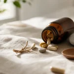 Kosttillskottskapslar och magnesium på ett bord i mjukt morgonljus