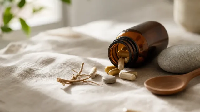 Kosttillskottskapslar och magnesium på ett bord i mjukt morgonljus