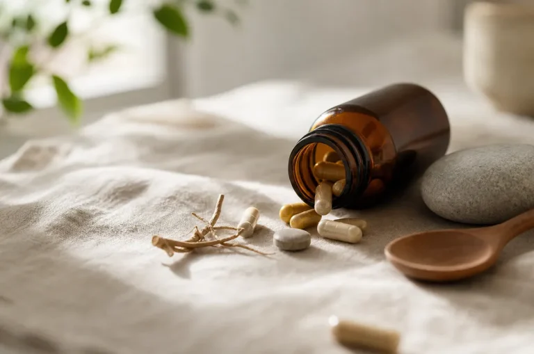 Kosttillskottskapslar och magnesium på ett bord i mjukt morgonljus