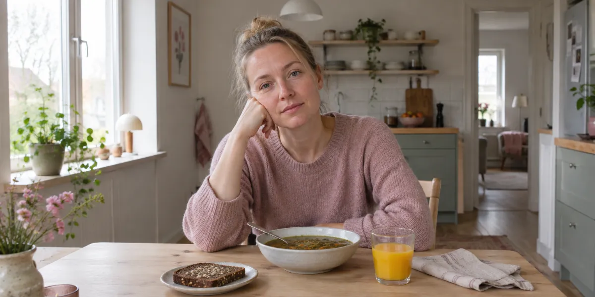 Kvinna i 35-årsåldern sitter vid köksbordet med linssoppa, rågbröd och ett glas apelsinjuice