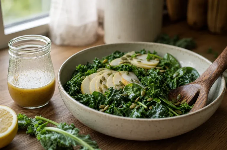 Kålsallad med masserad grönkål, spenat, päronskivor och pumpafrön i en skål
