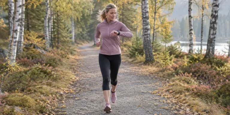 Kvinna i 45-årsåldern joggar på en grusstig i skogen och tittar på sin pulsklocka