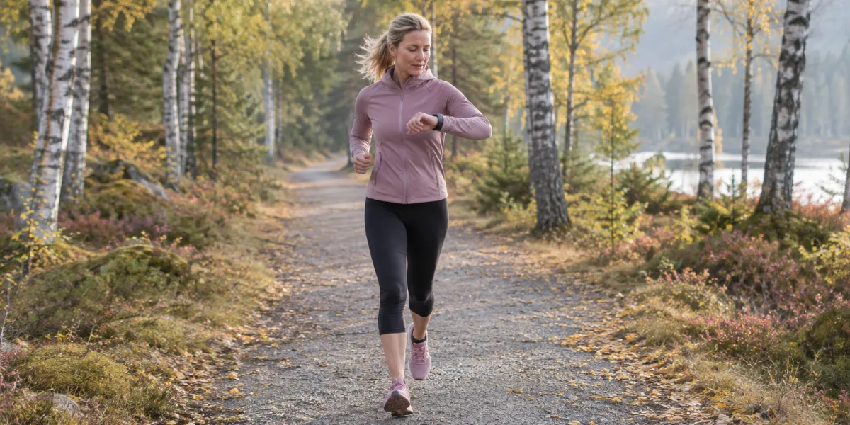Kvinna i 45-årsåldern joggar på en grusstig i skogen och tittar på sin pulsklocka