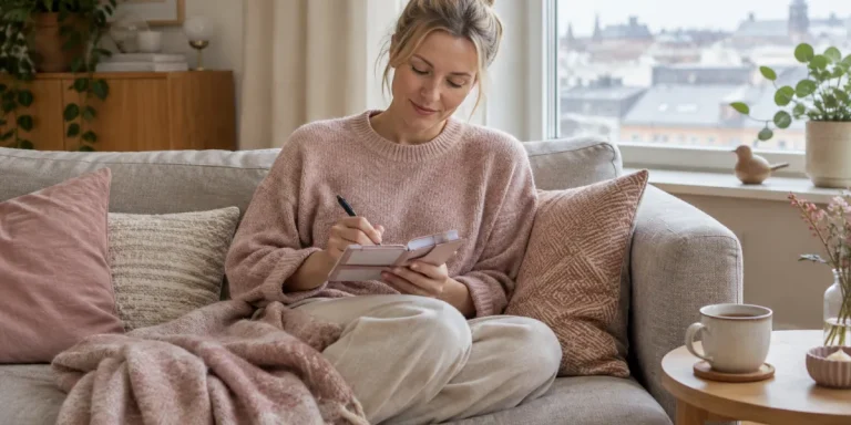 Kvinna i 30-årsåldern skriver in datum i en kalender i soffan med en kopp te bredvid sig