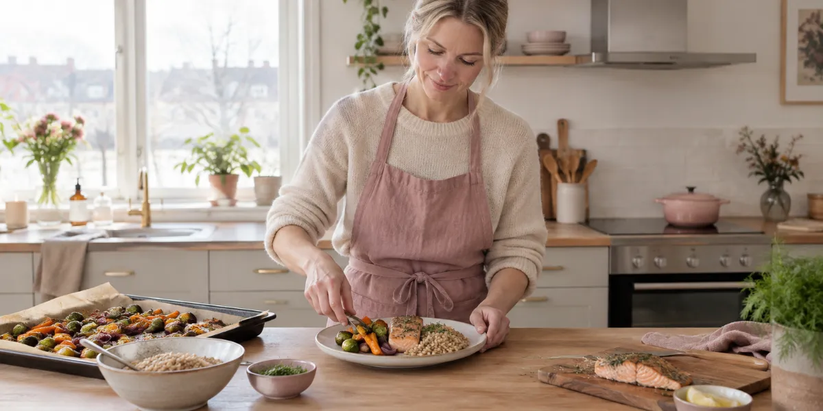 Kvinna i 40-årsåldern lägger upp lunch med grönsaker, lax och fullkorn i ett ljust kök